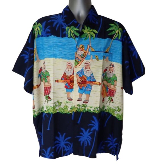Mens‎ XL Rima Santa Clause Hawaiian Button Down Shirt Blue Tropical Funny Band - Picture 1 of 6